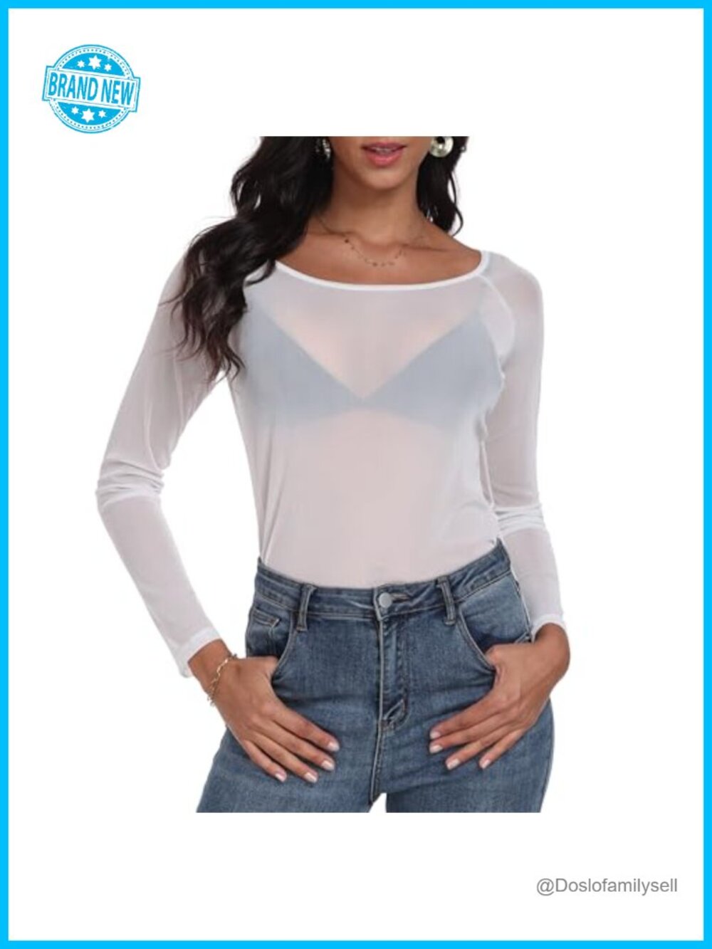 Womens Mesh Top Long Sleeve Sheer See Through Crewneck Fitted Blouse